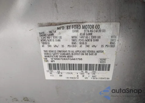 2015 Ford Explorer Xlt из США, поврежденный, VIN 1FM5K7D8XFGA61795